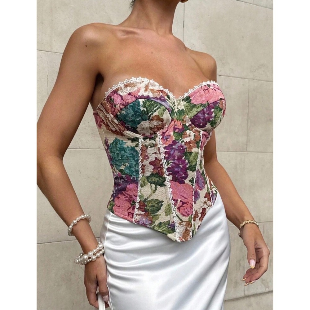 Floral Tapestry‎ Corset Top Lace Up Back Strapless Bustier Multi Color Large
